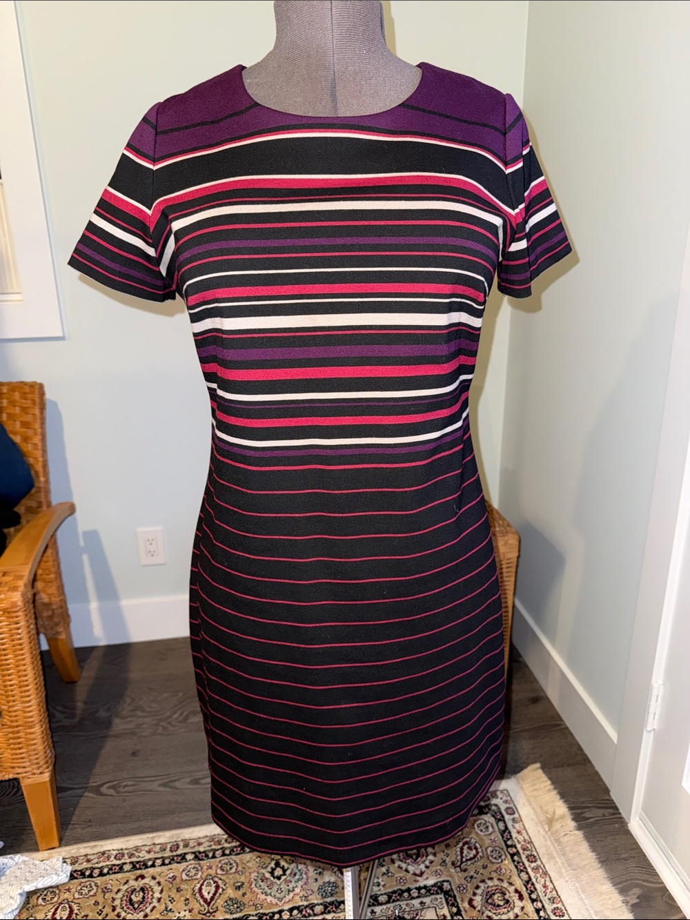 Calvin Klein Black and Purple Striped Short-Sleeve Shift Dress